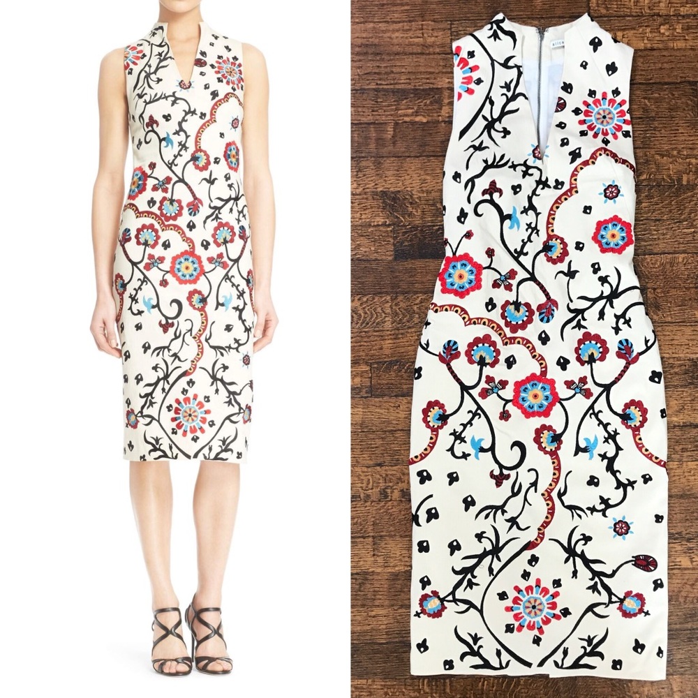 alice + olivia jacki embroidered sheath dress